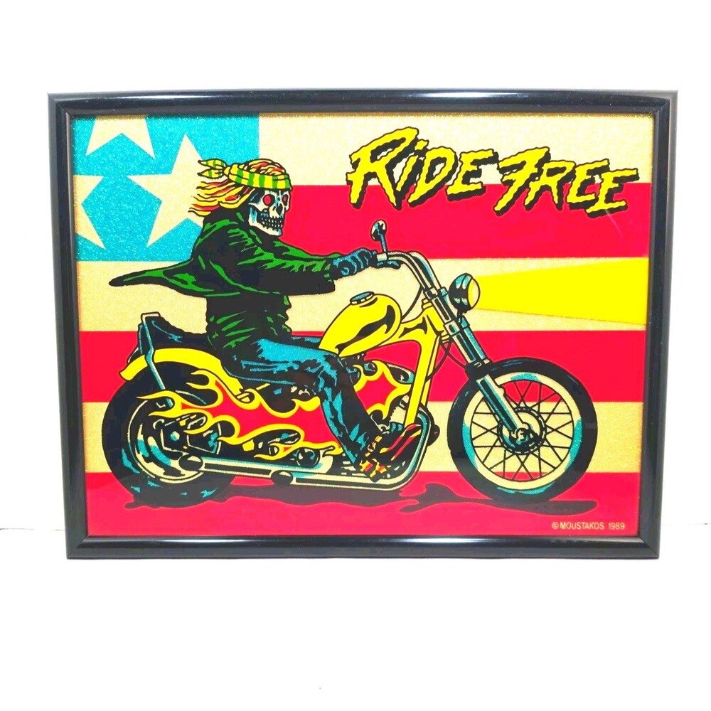 Vintage Rare 1989 Moustakos 17x13 Framed Ride Free Glitter Motorcycle Art